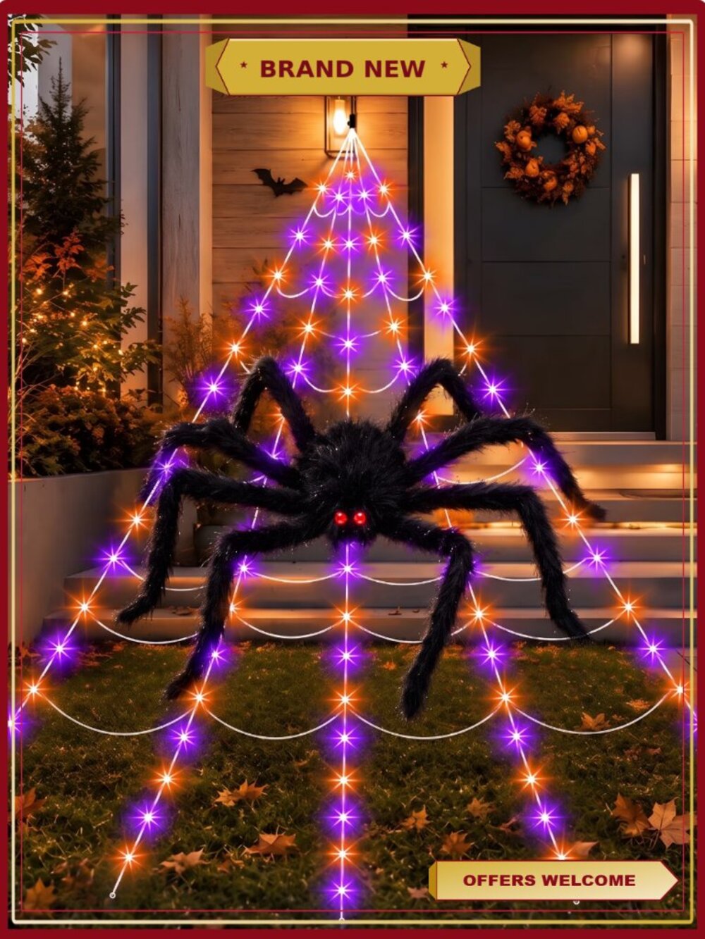 Halloween Spider Web Lights with Giant Spider Remote Control Waterproof Indoor